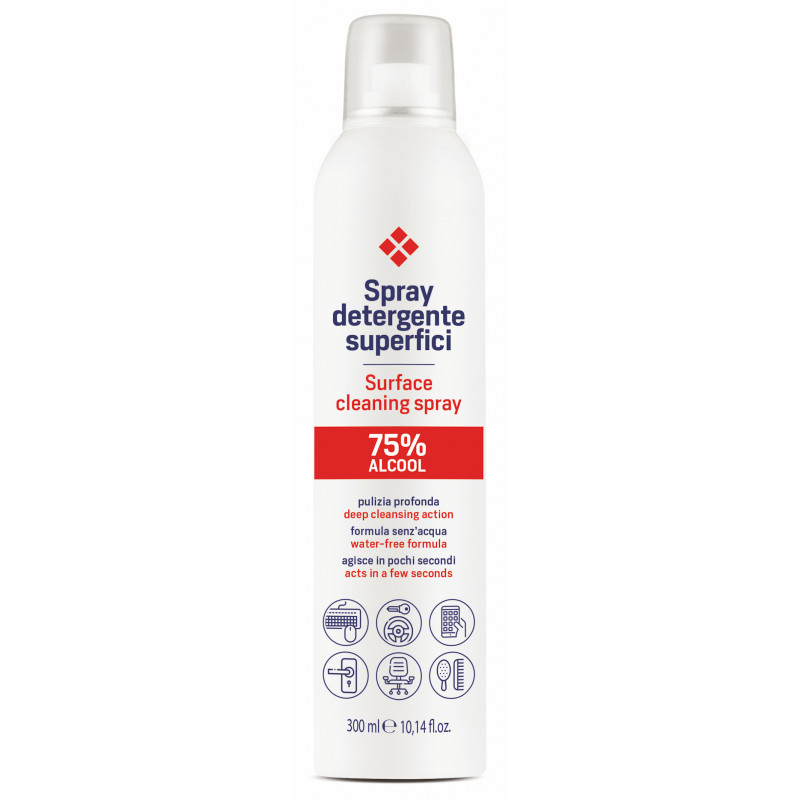 Spray détergent pour surfaces, brosses, peignes, claviers, fauteuils, téléphones, poignées.